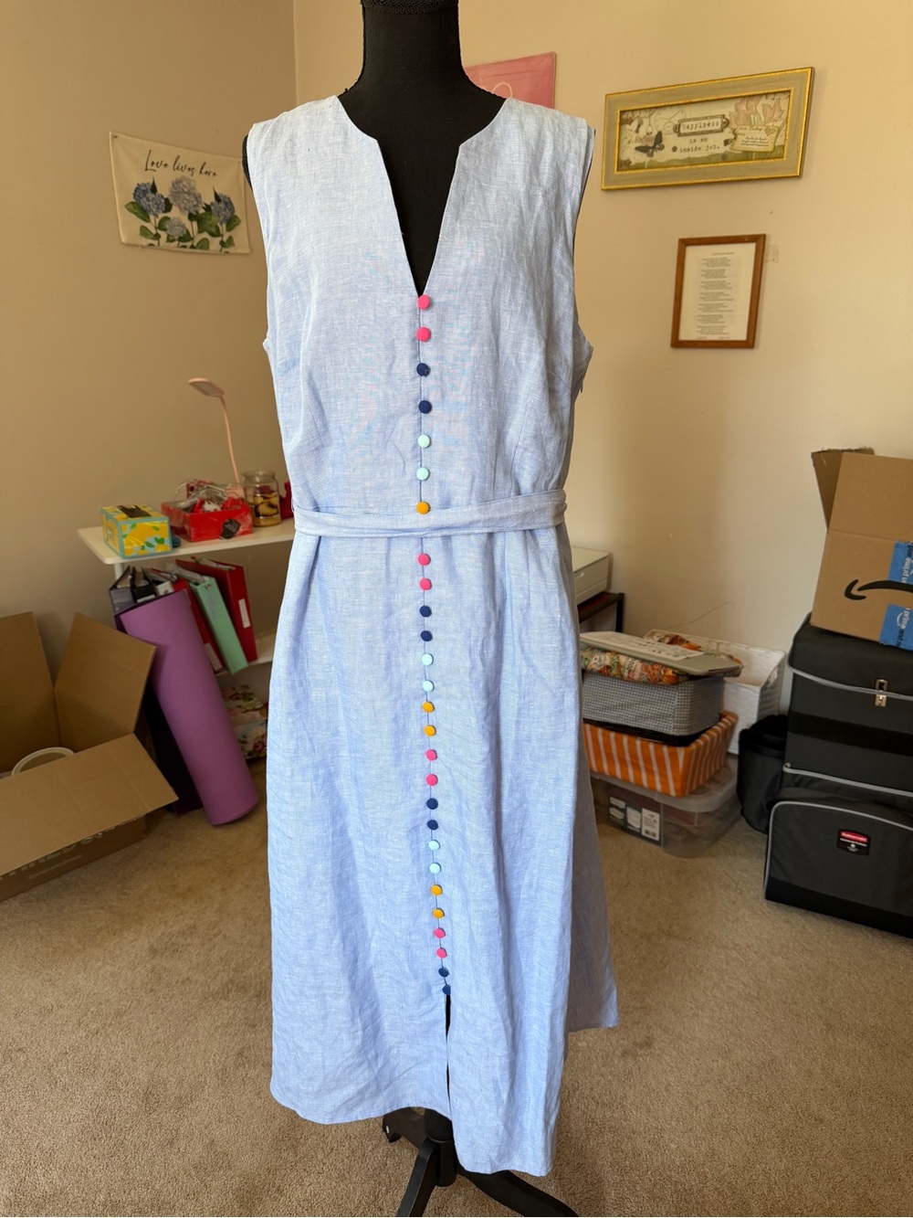 Boden Light Blue Sleeveless Linen-Blend Dress with Multicolor Buttons